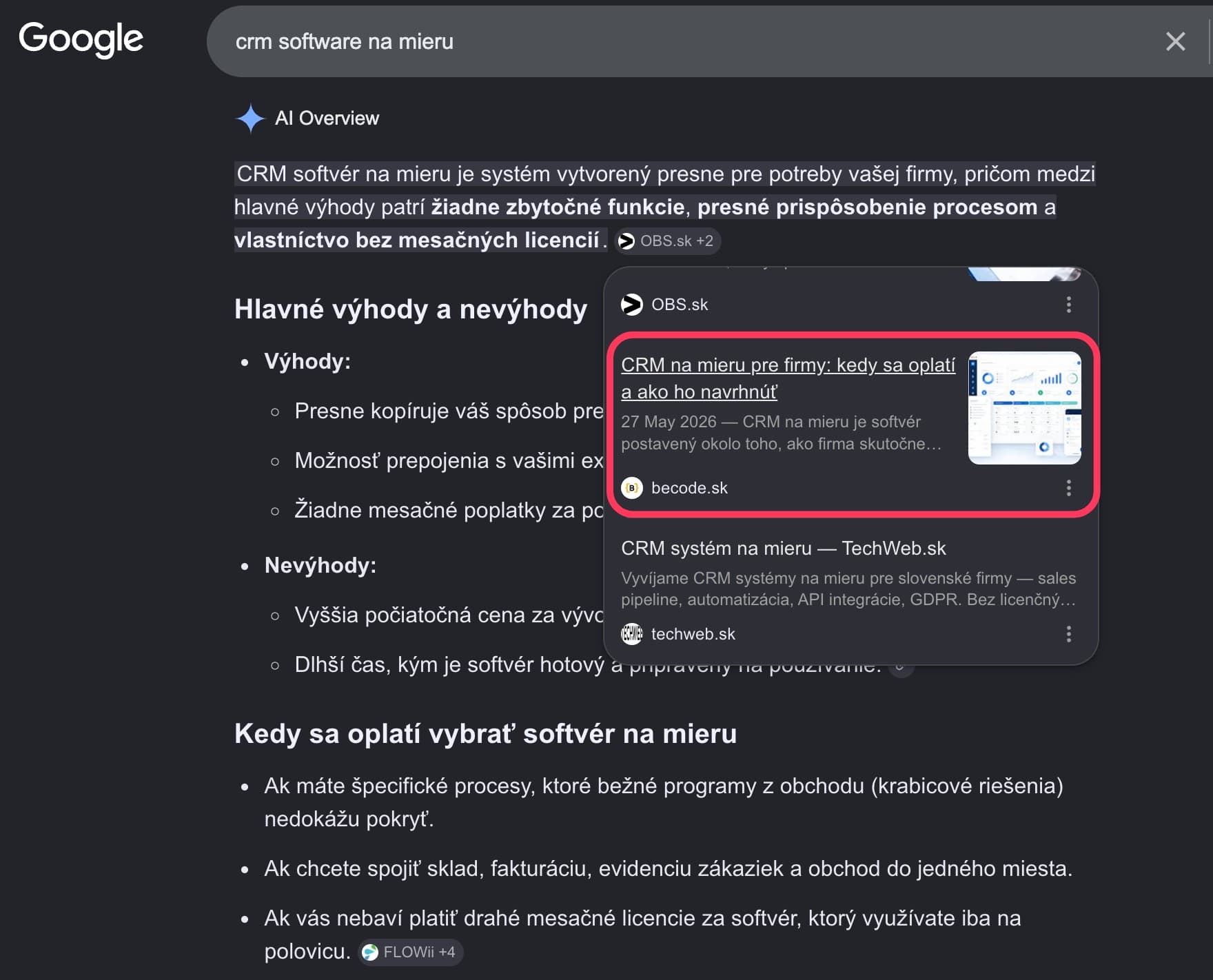 Článok BeCode o CRM na mieru citovaný v Google AI Overview