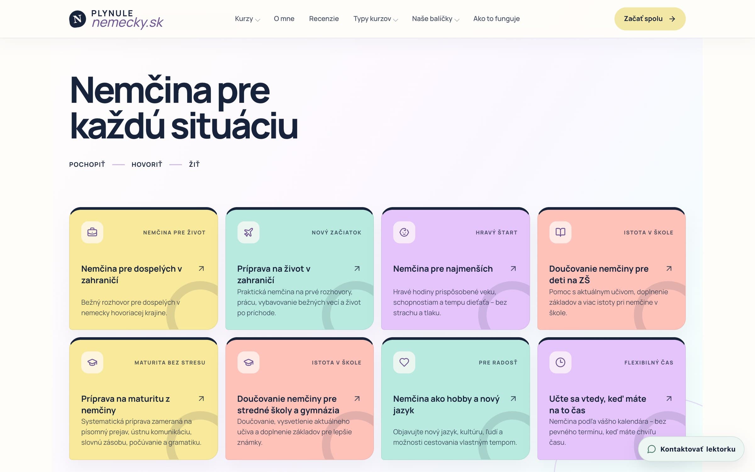 Ponuka rozdelená podľa životných situácií na webe Plynule nemecky