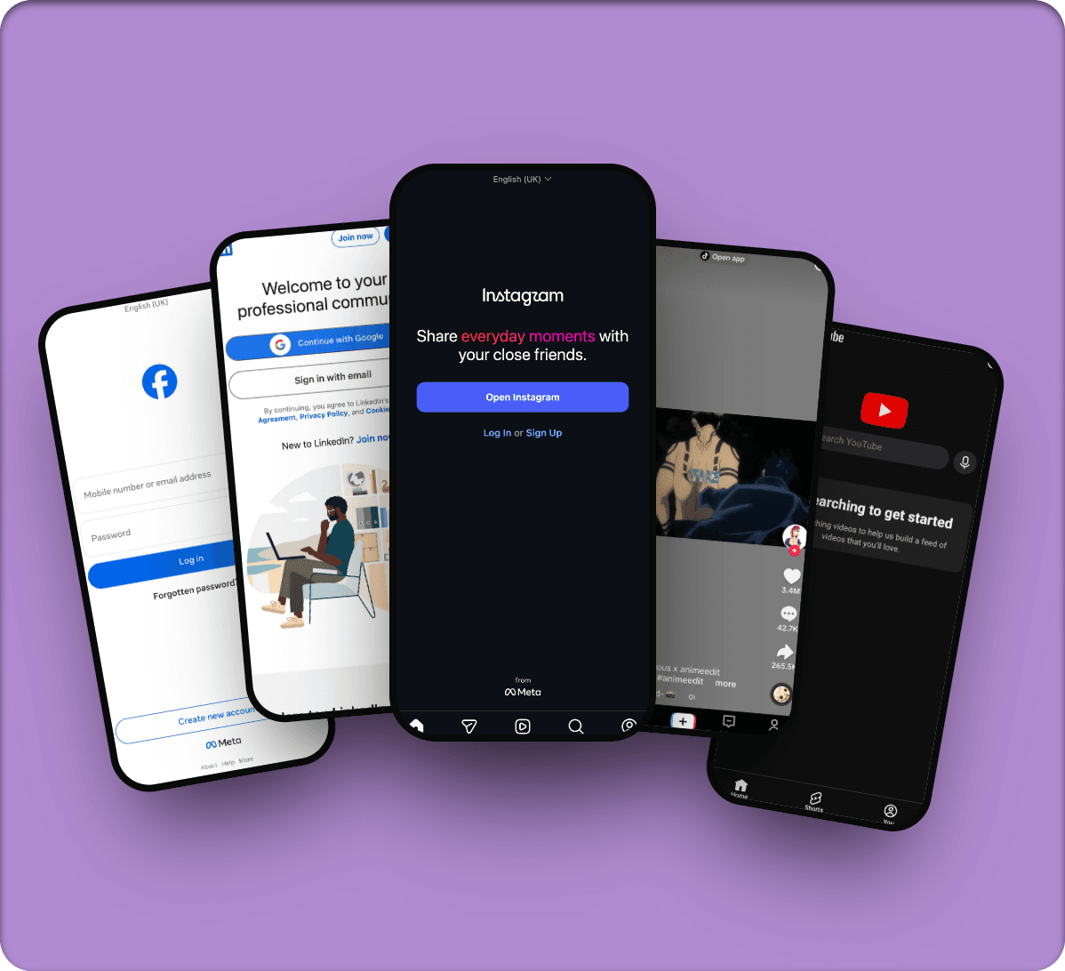 Facebook, LinkedIn, Instagram, TikTok a YouTube na telefónoch